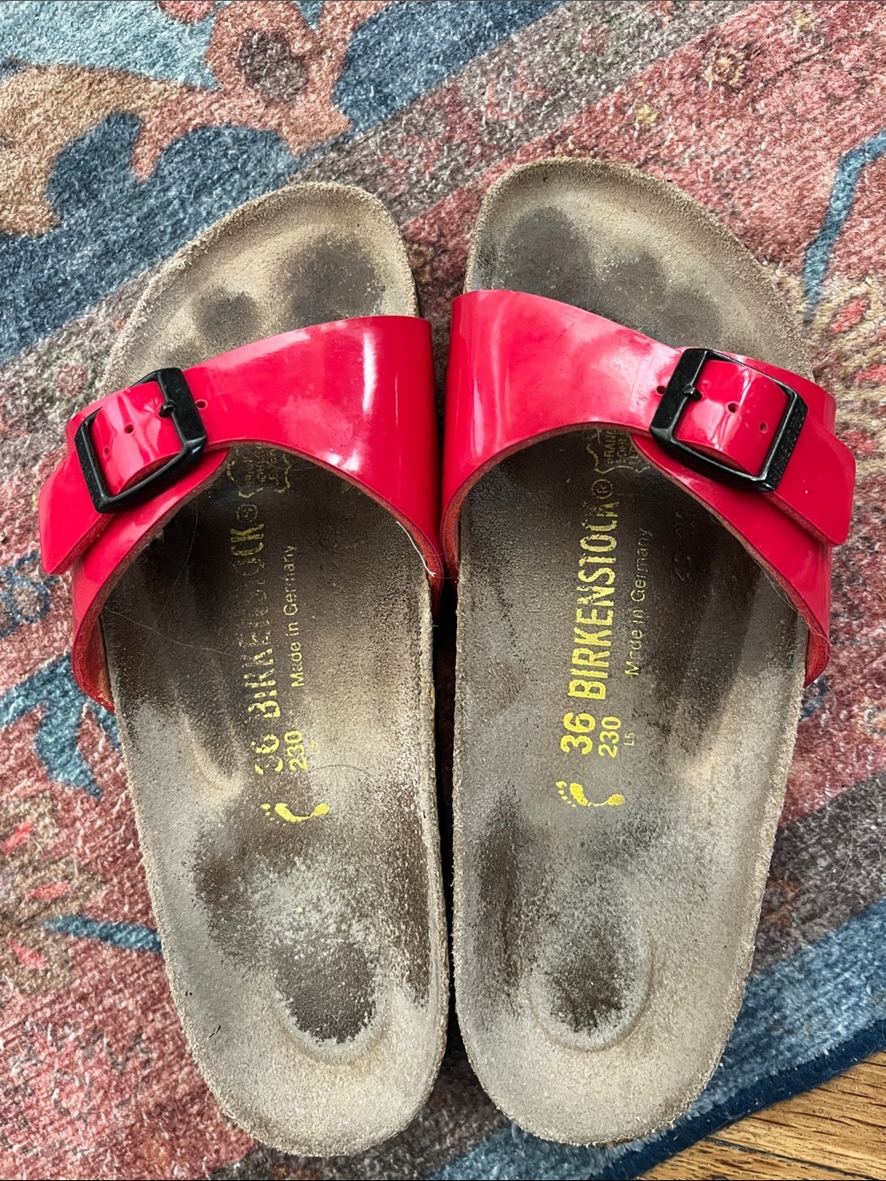 Birkenstock Red Patent Single-Strap Slide with Black Buckle size 36